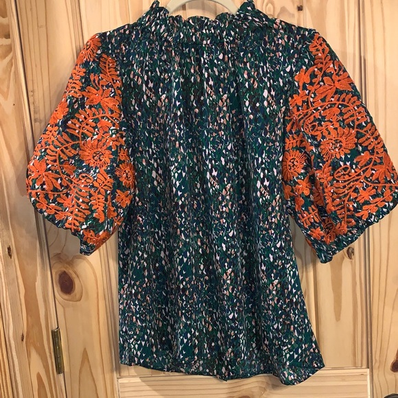 THML Tops - THML Vibrant Floral Puff Sleeve Blouse - Orange and Green